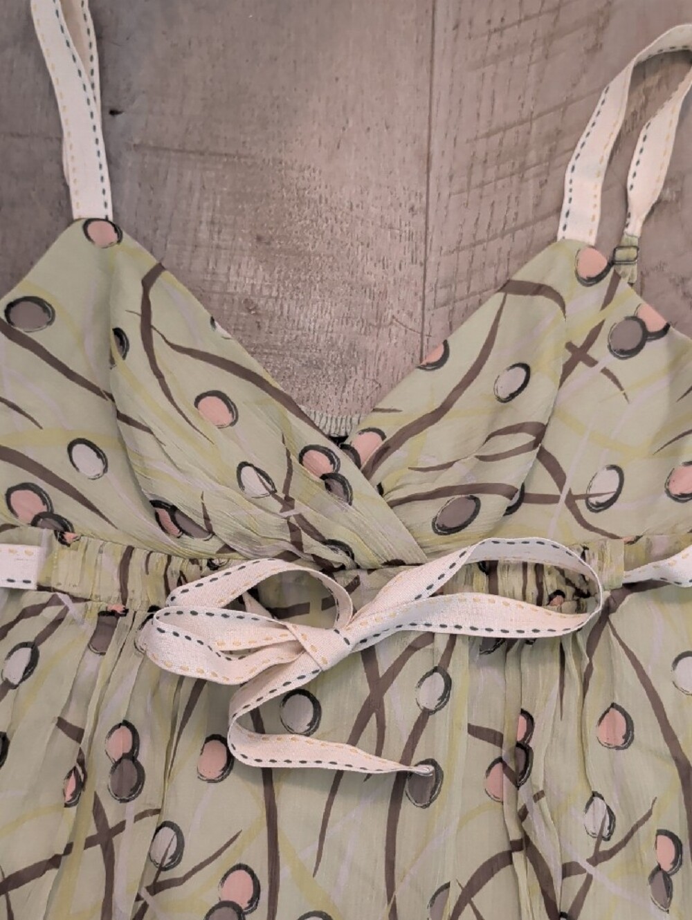 BCBGMaxAzria Light Green Floral Chemise with Brown Hem and Cream Straps - Picture 3 of 9